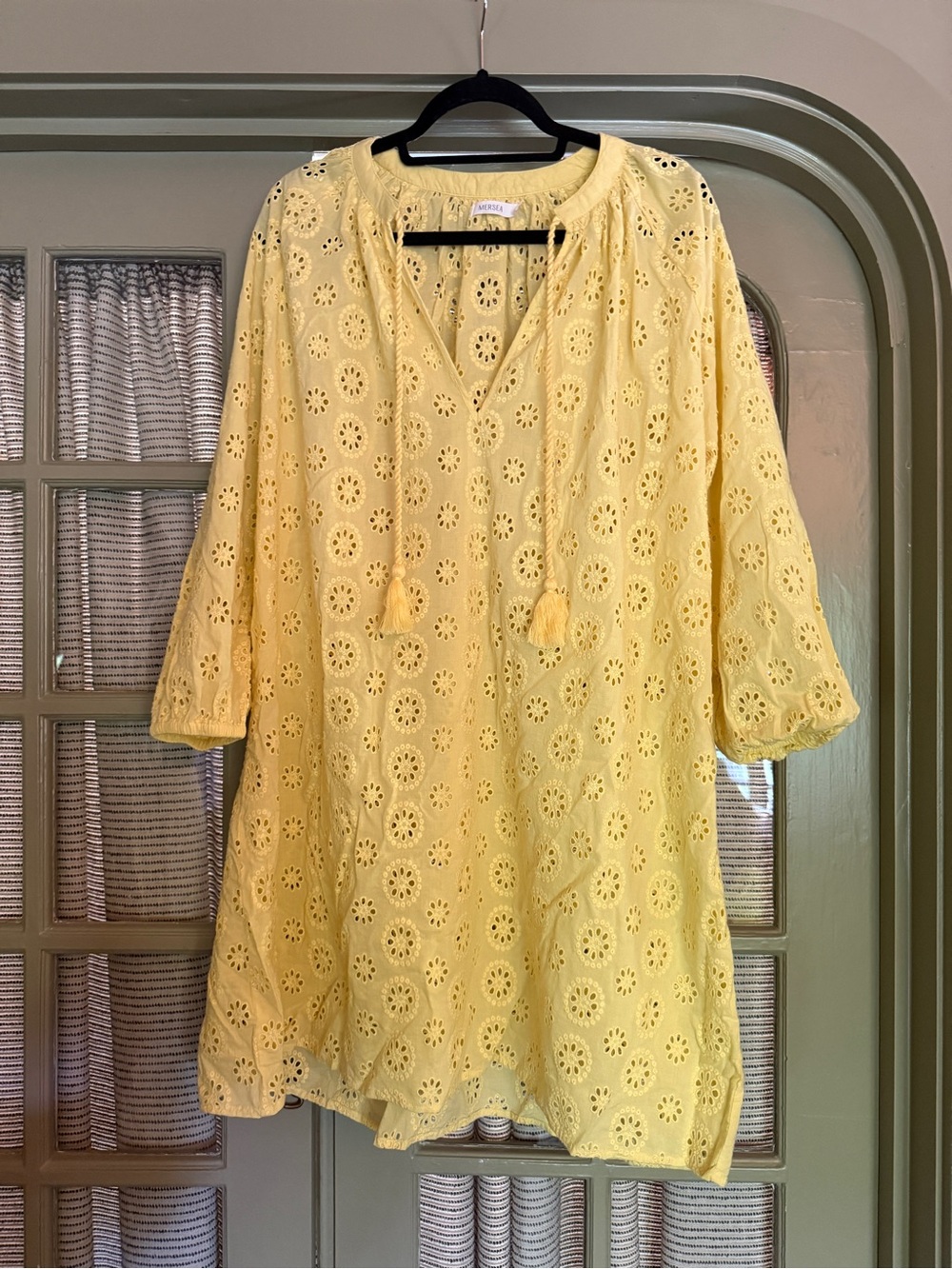 Women’s Yellow Eyelet Swim Coverup Tunic with Tassel Tie